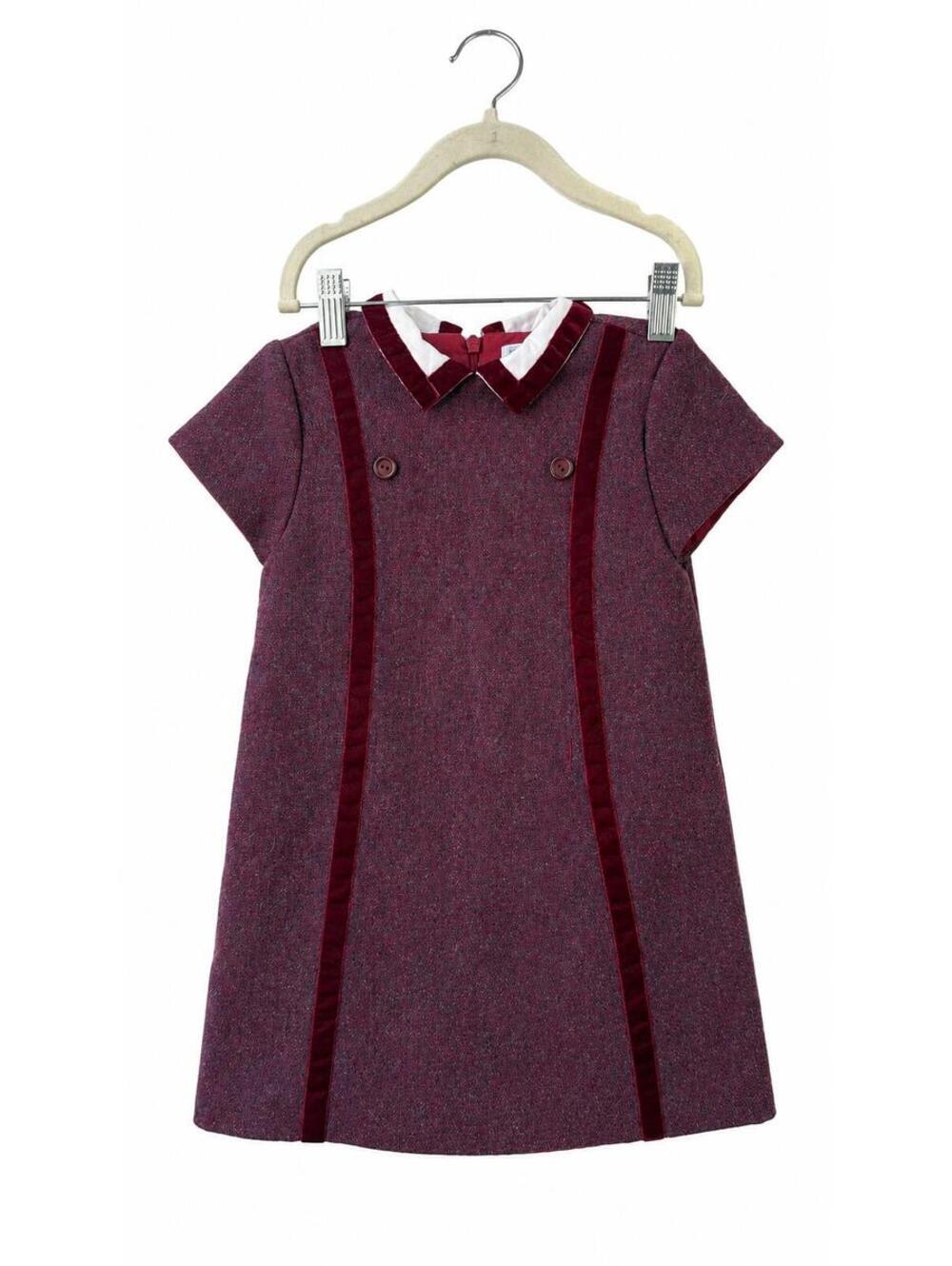 Vintage Elephantito Wool Girls Dress Sz 4 Burgundy Velvet Trim Peter Pan Collar